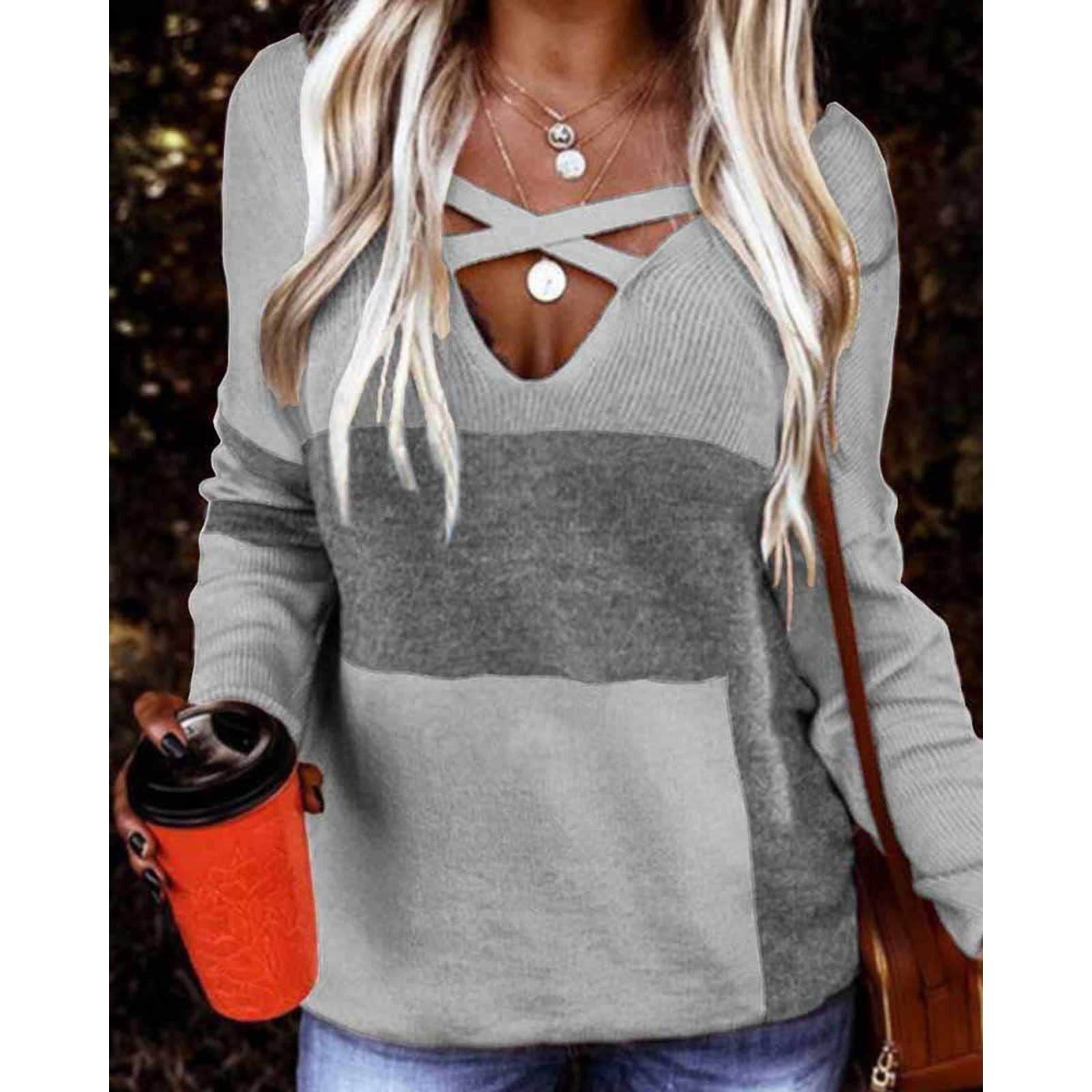 

Женский свободный трикотажный свитер с V-образным вырезом и контрастным цветным принтом, футболка для женщин XL зелёный