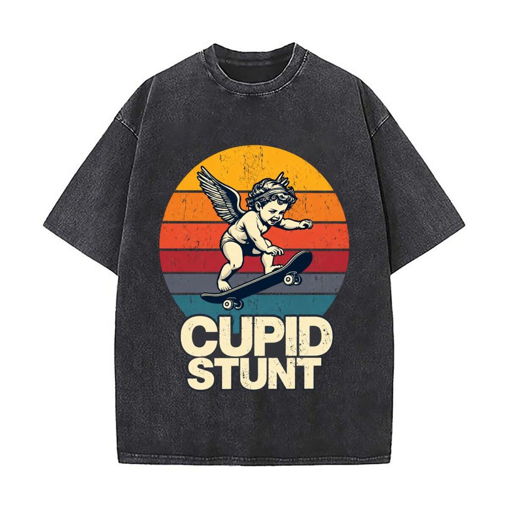Cupid Stunt Cherub Skateboarding Vintage Sunset Graphic Washed Short Sleeve Loose Streetwear Tee Hip Hop