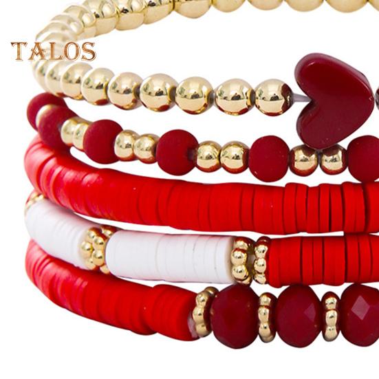 5 Pcs Bohemian Bracelets Polymer Clay Multi-layer Stacking Heart Beads Contrast Color Jewelry for Beach Work Party Vacation