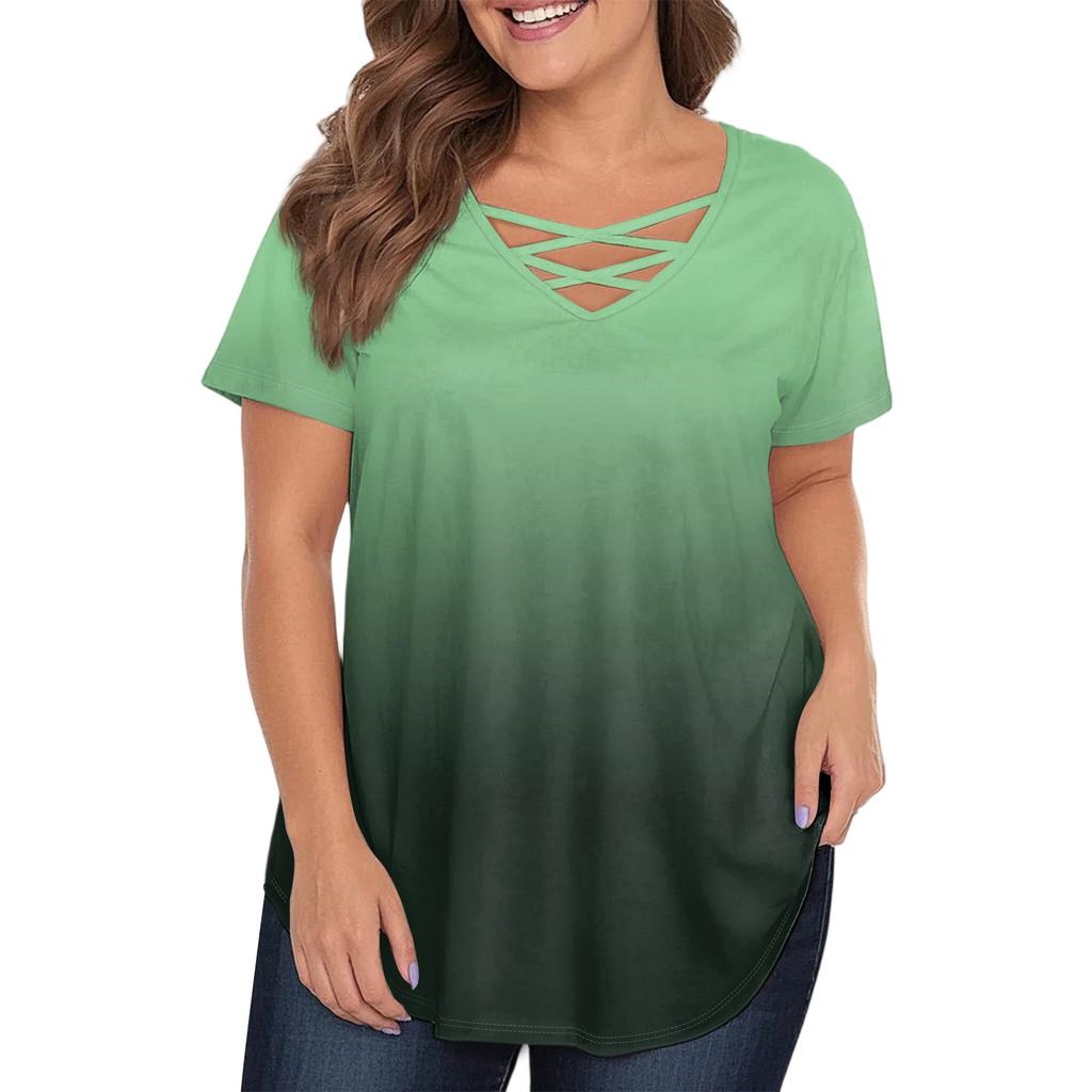 Women's Fashion Casual Gradient Colour Printed V-Neck Short Sleeve Large Size T-Shirt Top