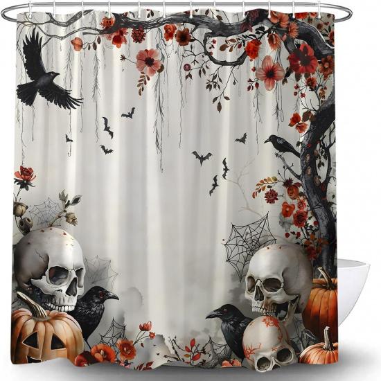 Halloween Shower Curtain Vintage Skull Scary Pumpkin Horror Crow Creepy Skeleton Gothic Fall Floral Tree Raven Spooky Bat Retro Witchy Bath Curtain