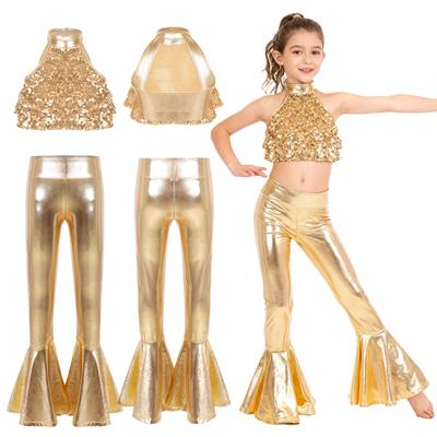 Girls Dance Performance Costume Set Sleeveless Shiny Sequin Backless Crop Top Elastic Waistband Bell Bottom Metallic Pants