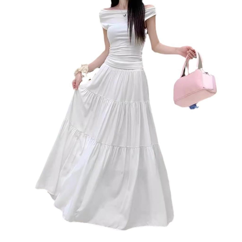 Plus Size Autumn White Pleated Midi Skirt for Women