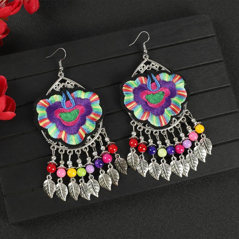 Yunnan Double-sided Embroidered Fabric Earrings, Long Leaf Tassel Personalized Earrings, Retro Miao Earrings for Women