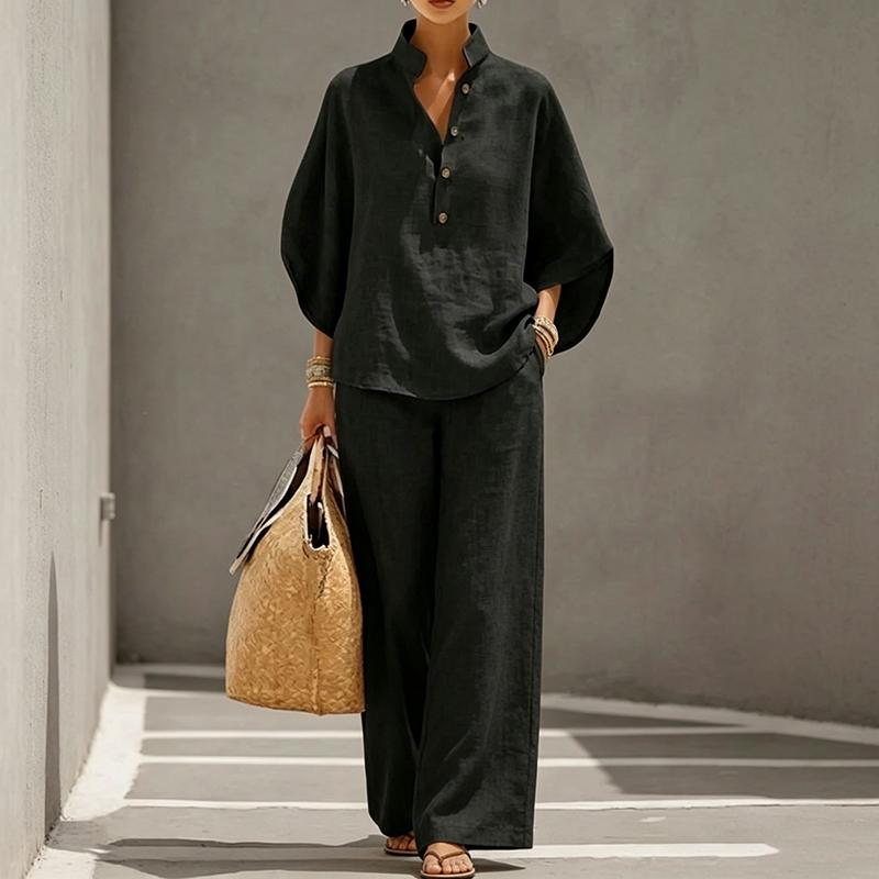 Women'S 2 Piece Linen Outfits Flare Sleeve Pullover Shirt Top And Wide Leg Pants Set Casual Loungewear Vacation Tracksuit