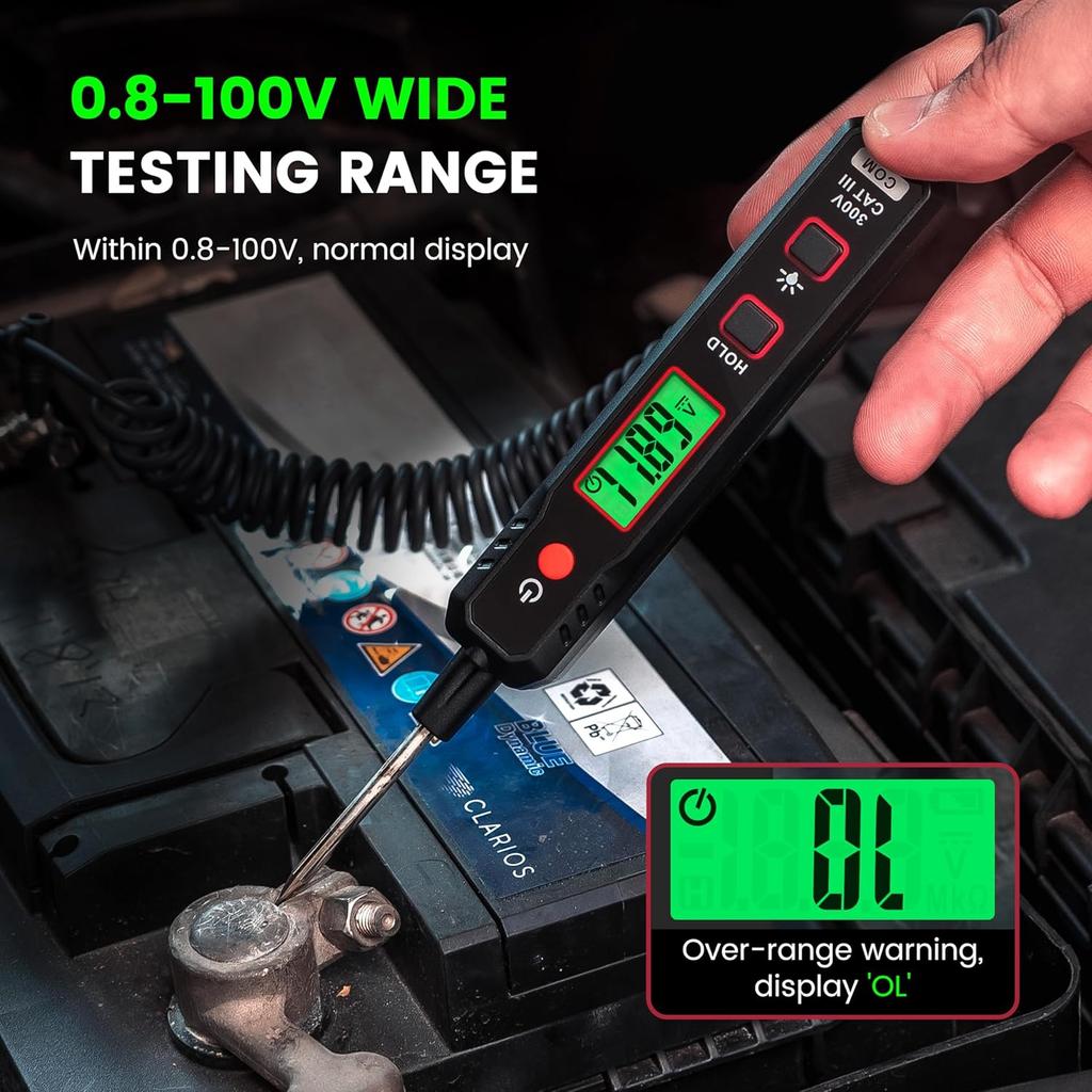 KAIWEETS 0.8V-100V DC Smart Automotive Test Light, Buzzer Circuit Tester with Sharp Probe, Bidirectional Voltage Tester with Flashlight, Electric