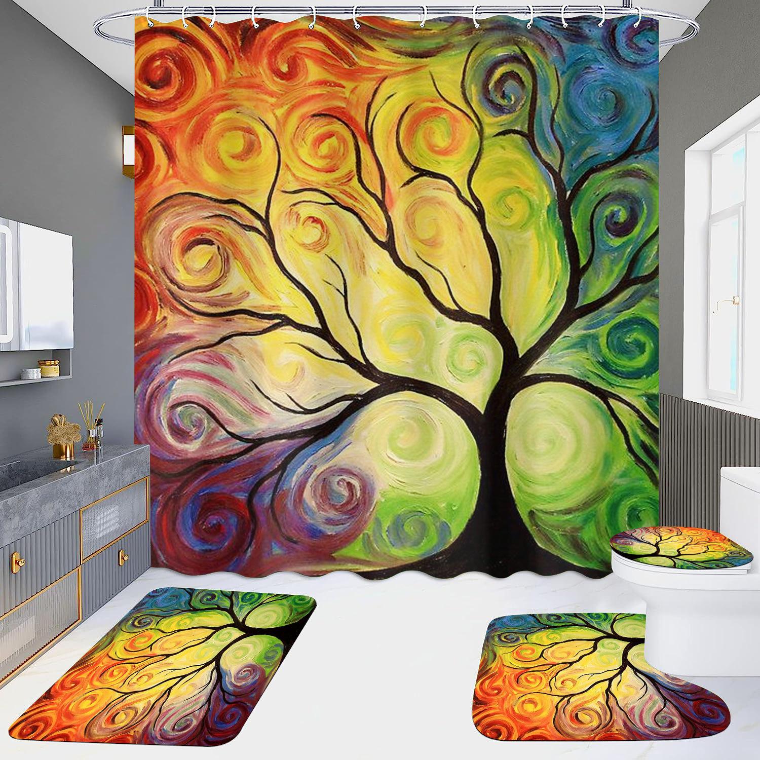 

4 шт. 3D красочные наборы занавесок для душа серии Tree для ванной комнаты, нескользящие коврики для ванной комнаты, крышка для унитаза, коврик для ванной