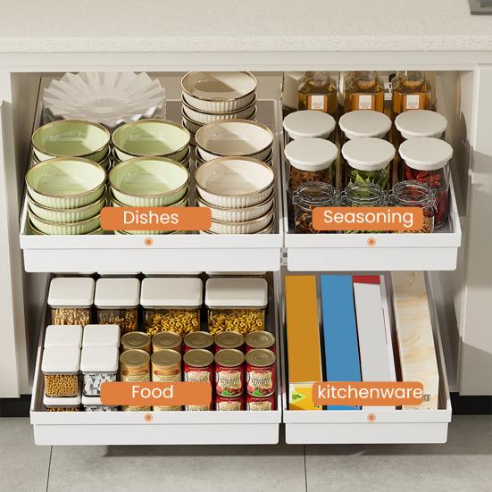 Výsuvný kuchyňský úložný regál se zvýšeným designem zábradlí Hladká výsuvná lišta Organizér do skříňky Instalace bez hřebíků Plastové úložné boxy