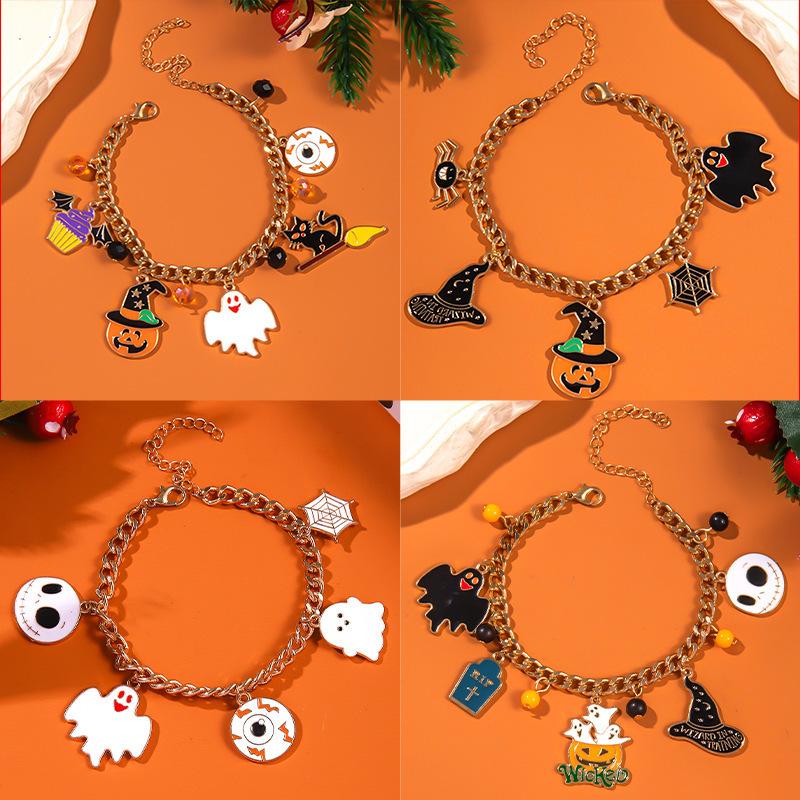 Halloween Ghost Pumpkin Spider Cat Bat Charm Bracelets for Women Funny Skeleton Skull Bracelets Jewelry Gifts