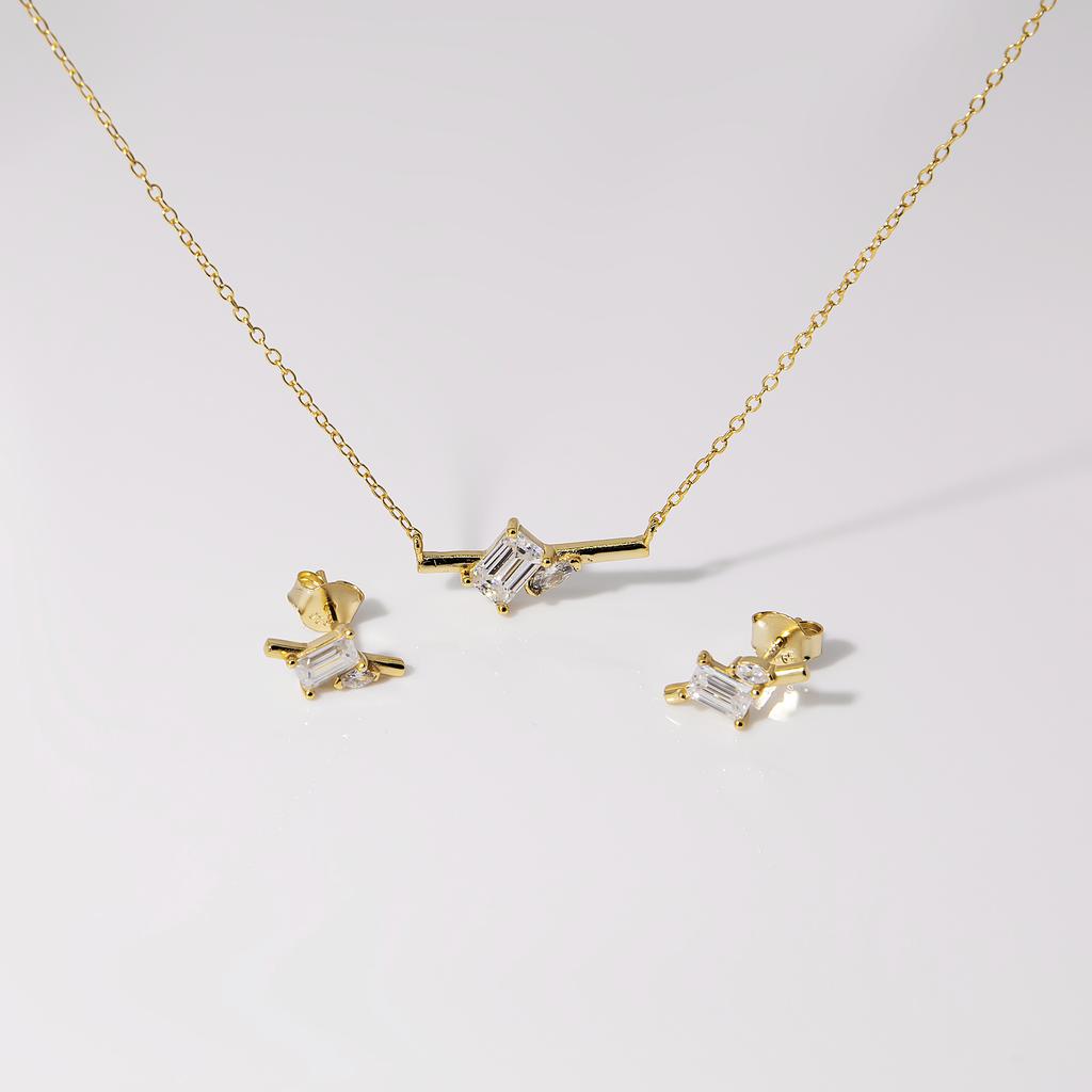 Elegant 925 Sterling Silver 18K Gold Plated Baguette Cut Moissanite Certified Geometric Pendant Necklace Earrings Set for Women