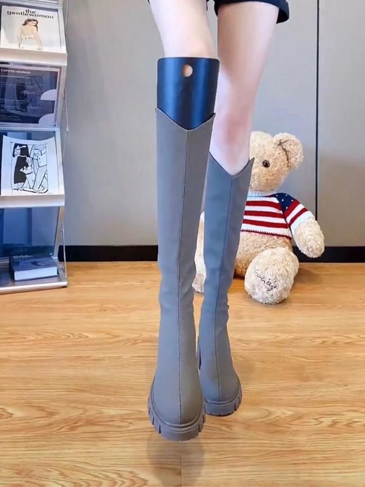 Footwear Elastic Shoes for Woman Winter Knee High Shaft Women's Boots Long Round Toe Black Platform Gyaru Waterproof Quality Pu