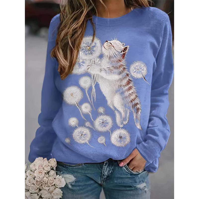 Dandelion Sweatshirt Cute Cat Flower 3D Printed Women's Casual Fashion Hooded Sweatshirt Long Sleeved Women's Pullover Top Women's Clothing