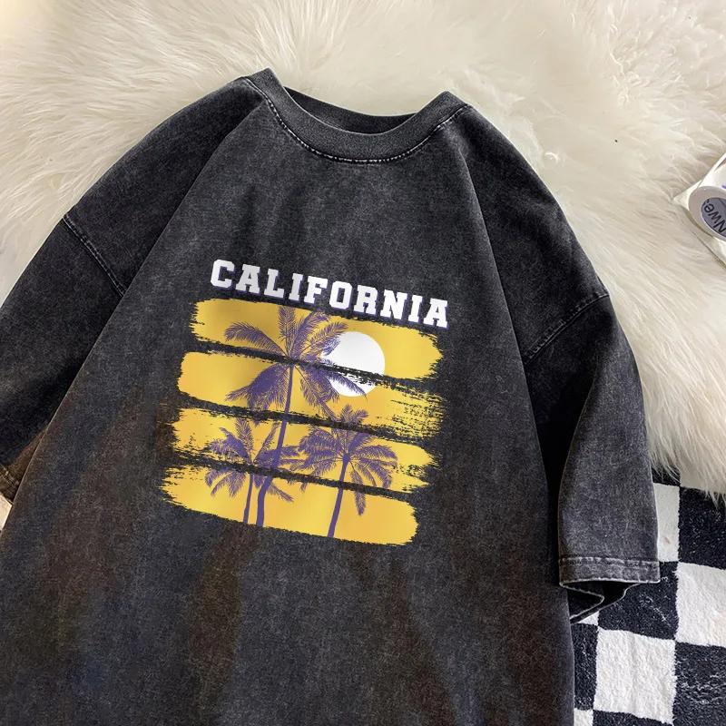 Seaside Sunset Printed T-shirt Coconut Tree Retro Washed Vintage T-shirt Loose Casual T-shirt for Men and Women  T Shirt