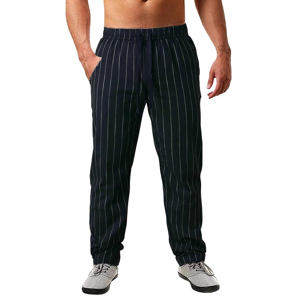 Men's Straight Mid Waist Beach Pants Vertical Stripe Elasticated Waist Cotton Linen Casual Trousers