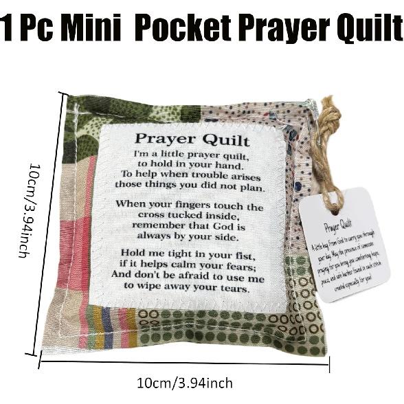 1PC Mini Pocket Prayer Quilt with Wood Cross ide, Handmade Comfort Square, Vintage Design, 3.94 x 3.94 inches
