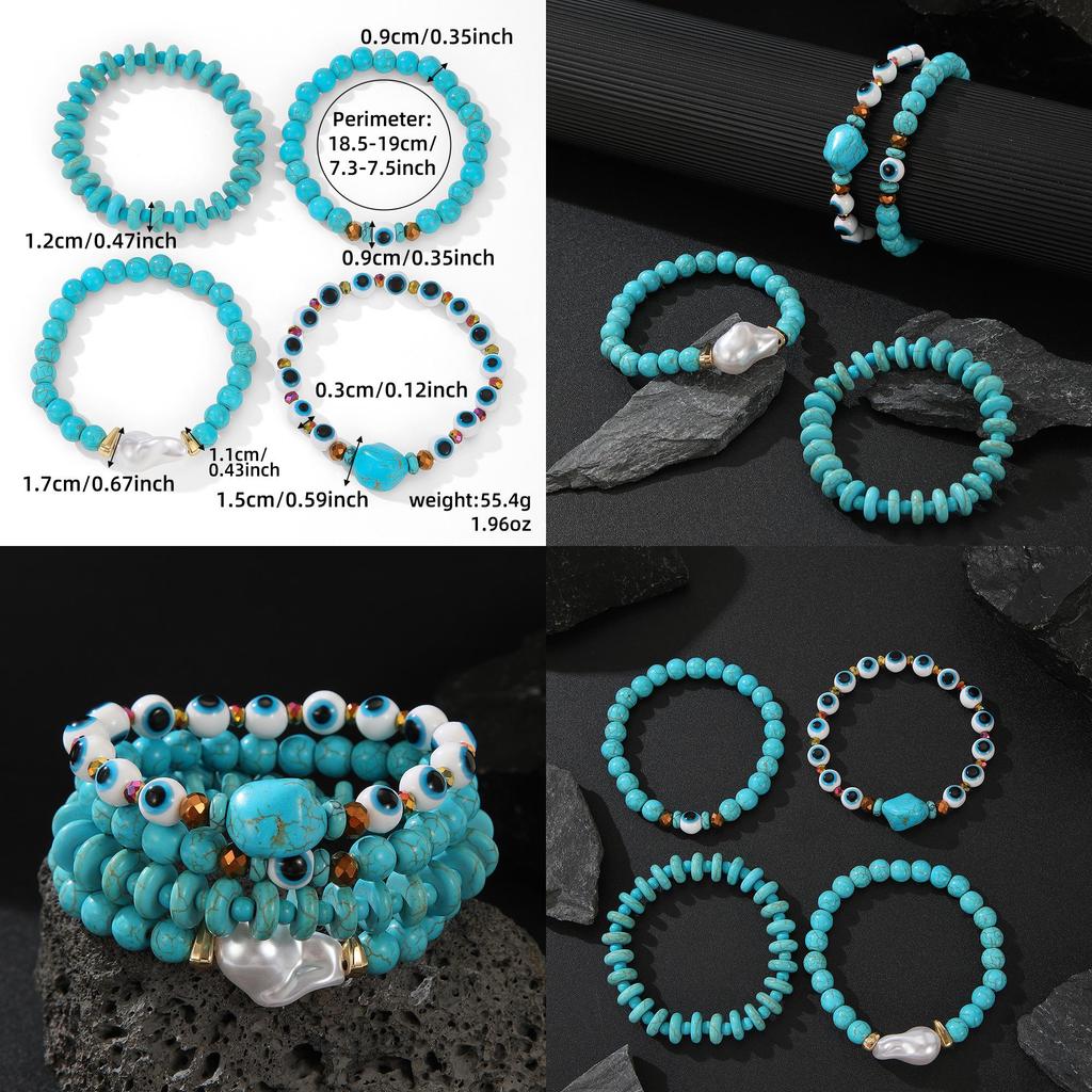 Turquoise Evil Eye Bead Bracelet Set Handmade Geometric Design For Men Gift