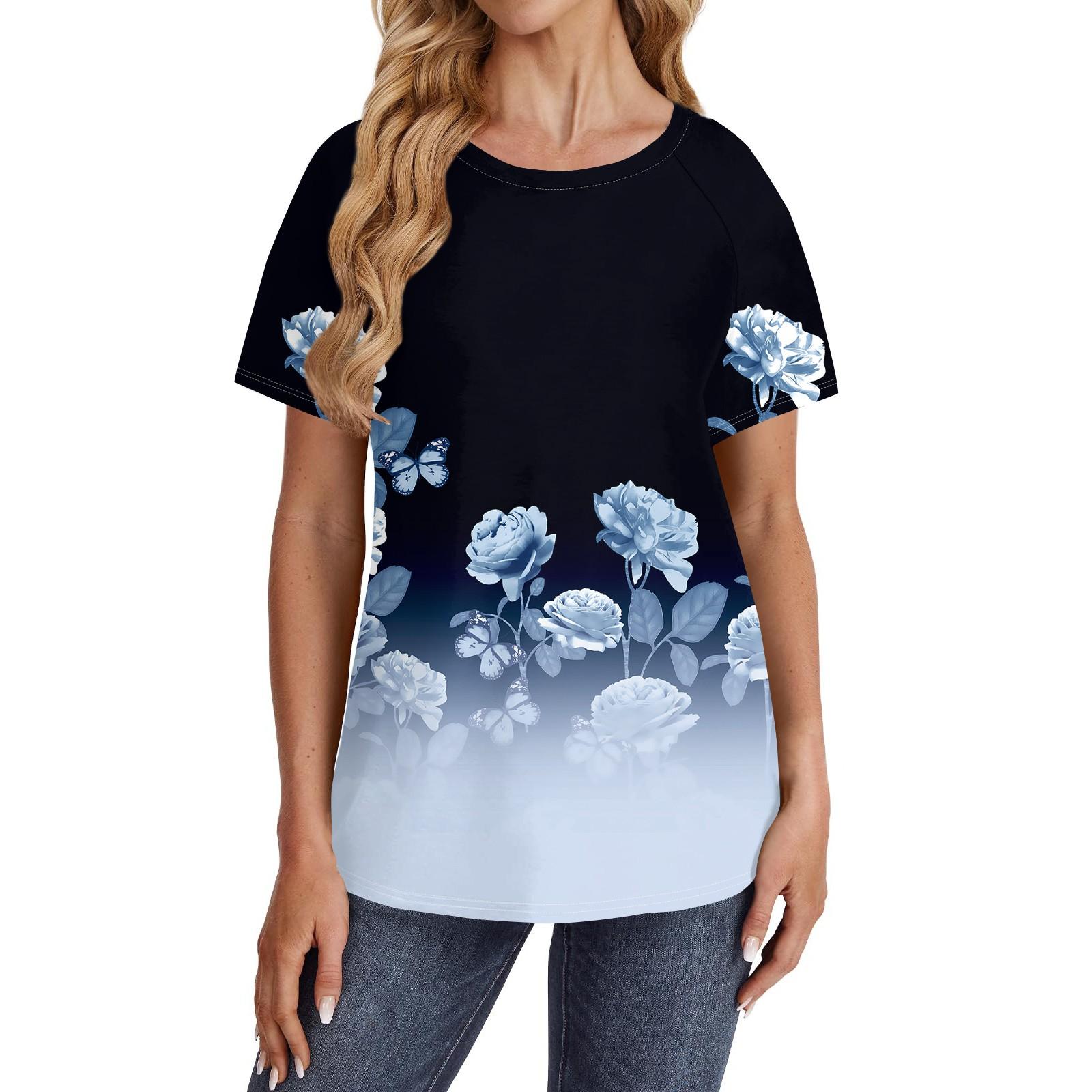 

Женские футболки с коротким рукавом, милые туники с круглым вырезом, топы, базовые футболки, блузки, свободный пуловер L синий