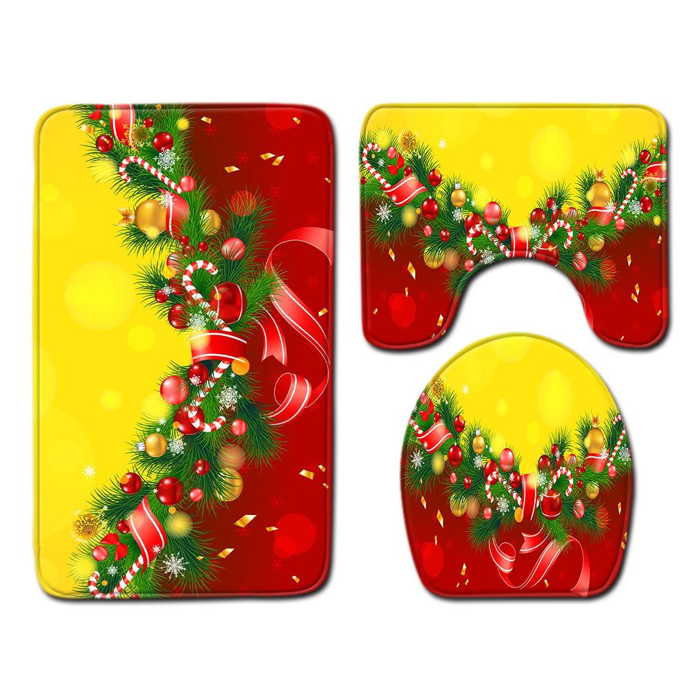 Christmas Four-Piece Shower Curtain Combination Floor Mat Set Bathroom Non-Slip Door Mat Absorbent Carpet