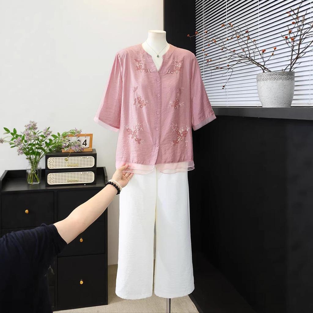 Summer 2026 Women's Artistic Embroidery V-Neck Patchwork Shirt