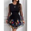 Fashion Embroidery Mesh Patchwork Long sleeve dress Waist Hugging Short dress Long Sleeve Short Dress
