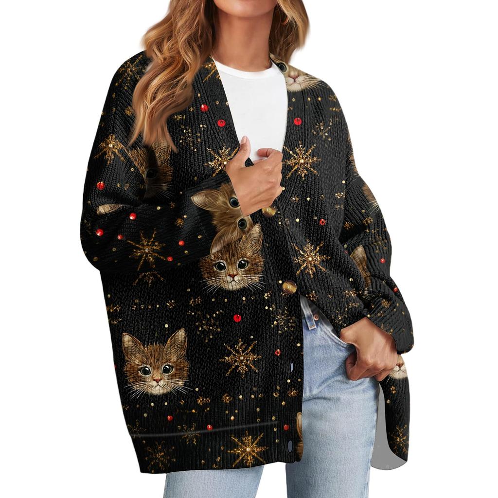 Women's Fashion Long Sleeve Christmas Print V-Neck Button Loose Cardigan Top