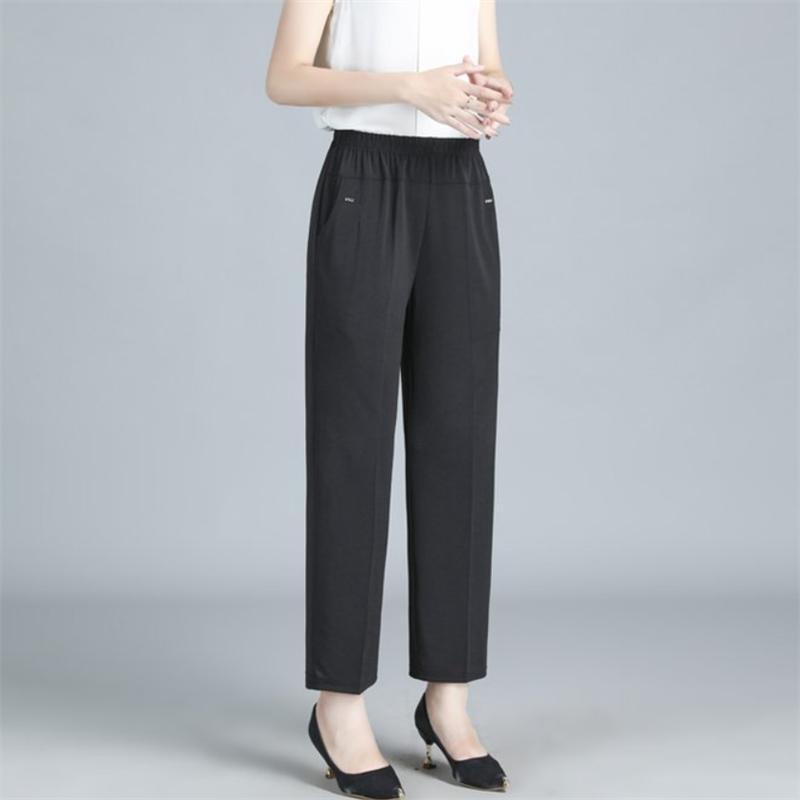 8XL Women Summer Pants Plus Size  Elastic High Waist Casual Ninth Pants Middle-aged Elderly Female Straight Mom Pants