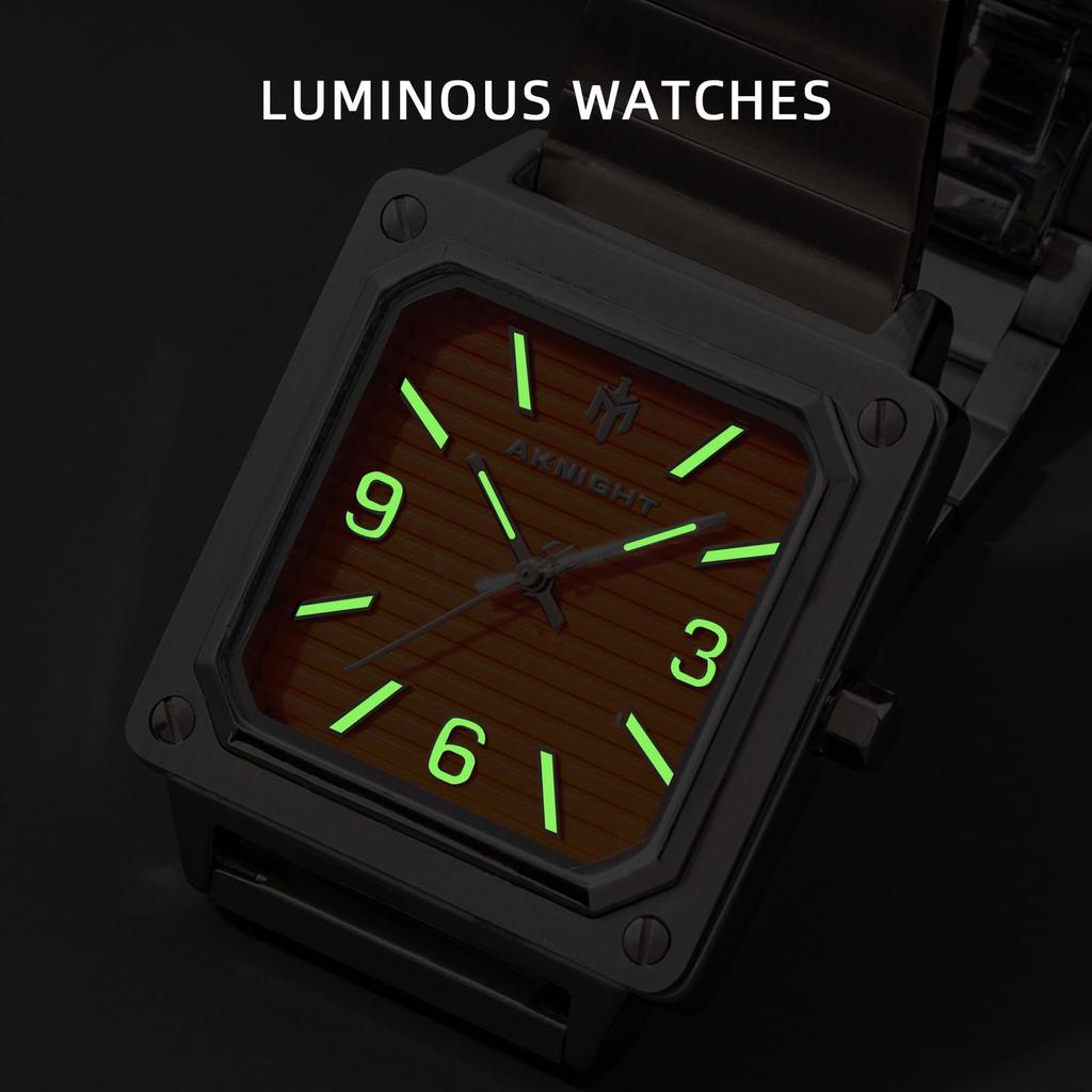 AKNIGHT Watch Popular Louvered Dial Texture Waterproof Analog Quartz Business Hand Watch Stainless Steel Day Gift Large Easy To See Square Face Men's