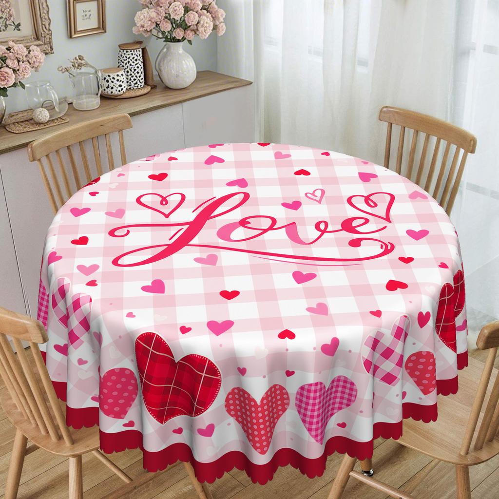 Happy Valentine'S Day, Love-Themed Tablecloth, Red Love, Pink Plaid Design, Dining Table Decorative Cloth.
