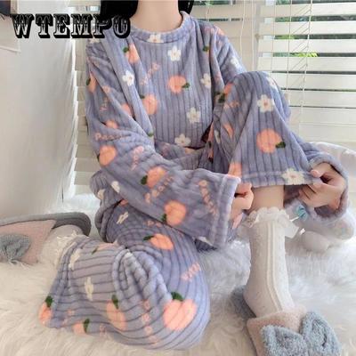 Women's Sweet Cute Peach Pajamas Two-piece Sleepwear Female Autumn and Winter Warm Flannel Home Suit