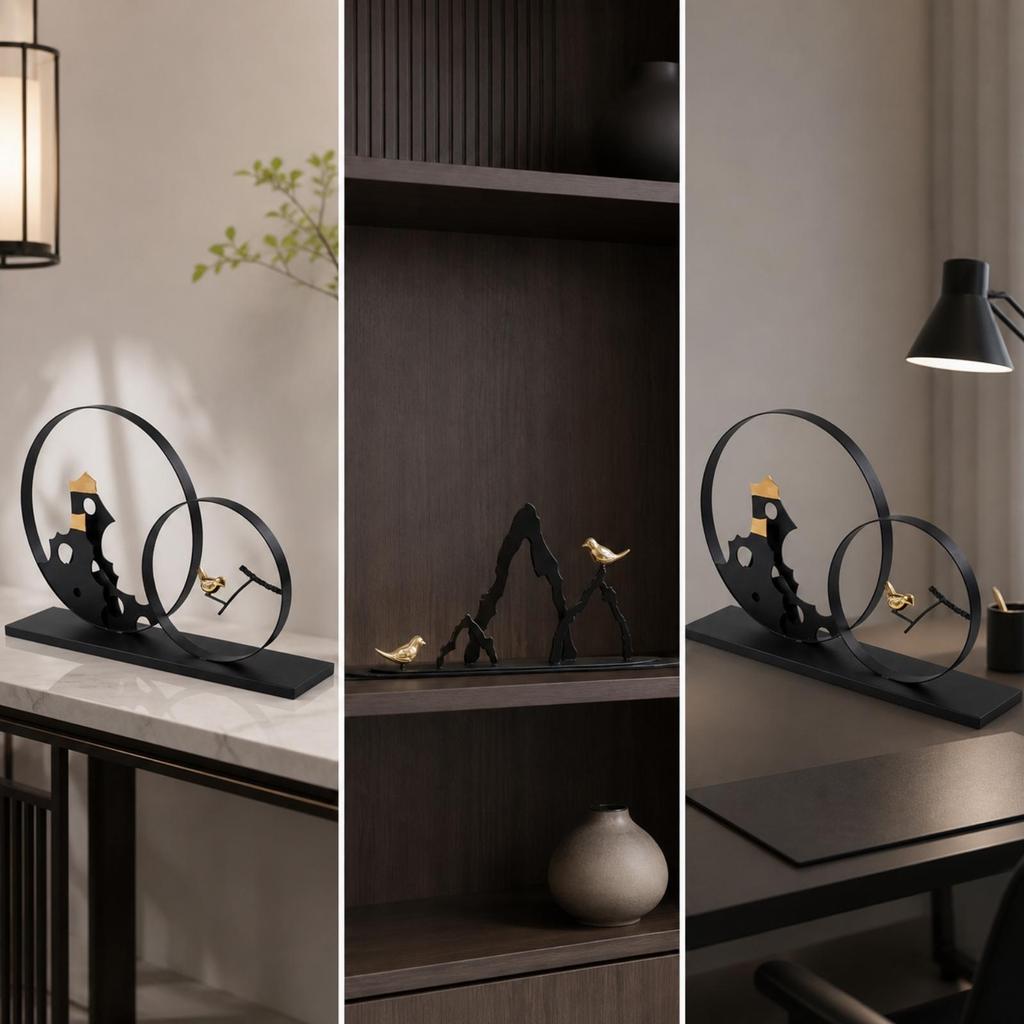 Freestanding Decor Figurine Geometric Metal Ornament with Bird