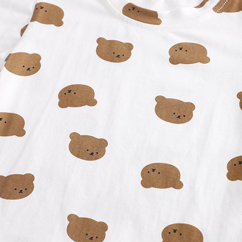 Κοριτσίστικο Καλοκαιρινό Σετ 2 Τεμαχίων- Μπλουζάκι με Στρογγυλή Λαιμόκοψη και Εκτύπωση Κινούμενου Σχεδίου Αρκούδας+ Φόρεμα Σαλιάρα - Χαριτωμένο Καθημερινό Σύνολο S-XXL