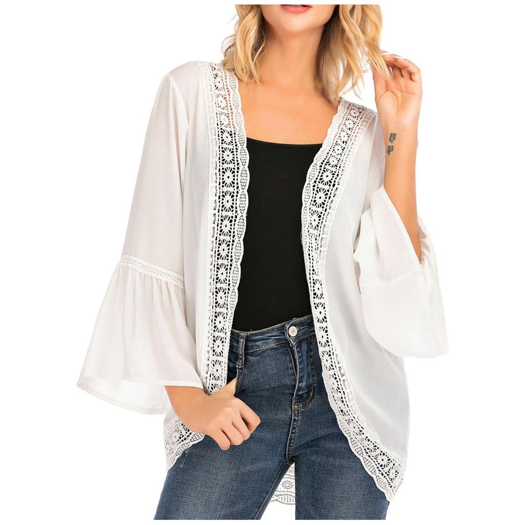 Damski casualowy koronkowy kardigan z szyfonu z długim rękawem, luźna bluzka kimono, topy