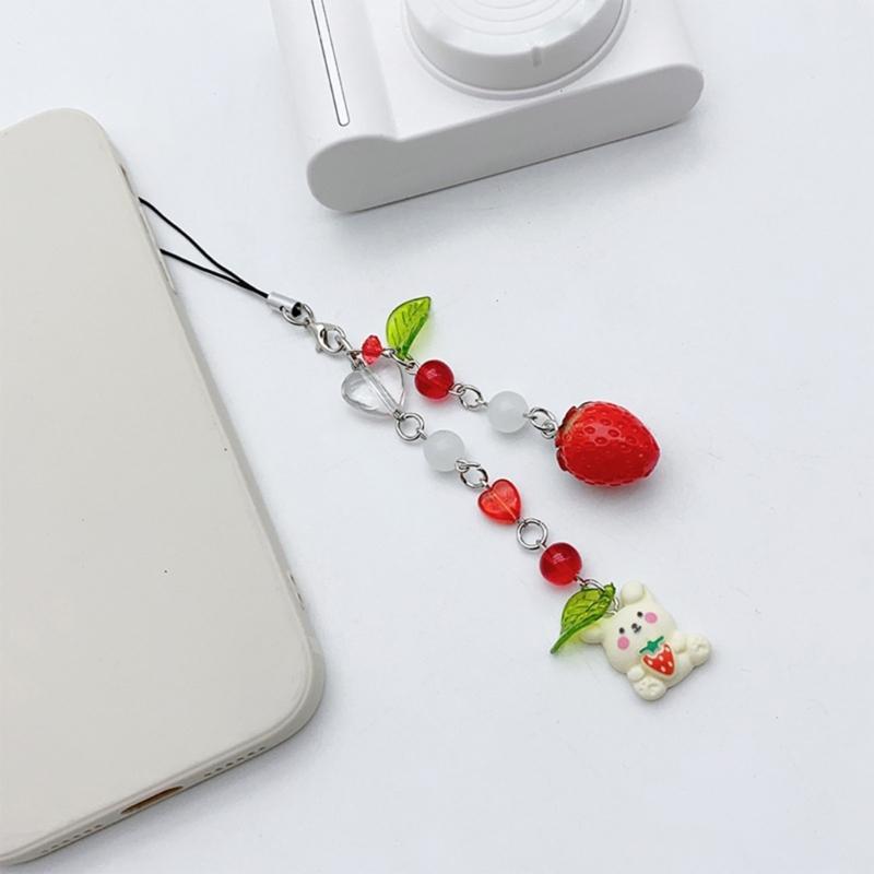 Stylish Phone Chain Strawberry Rabbit Charm Keyring Pendant Beaded Keychain
