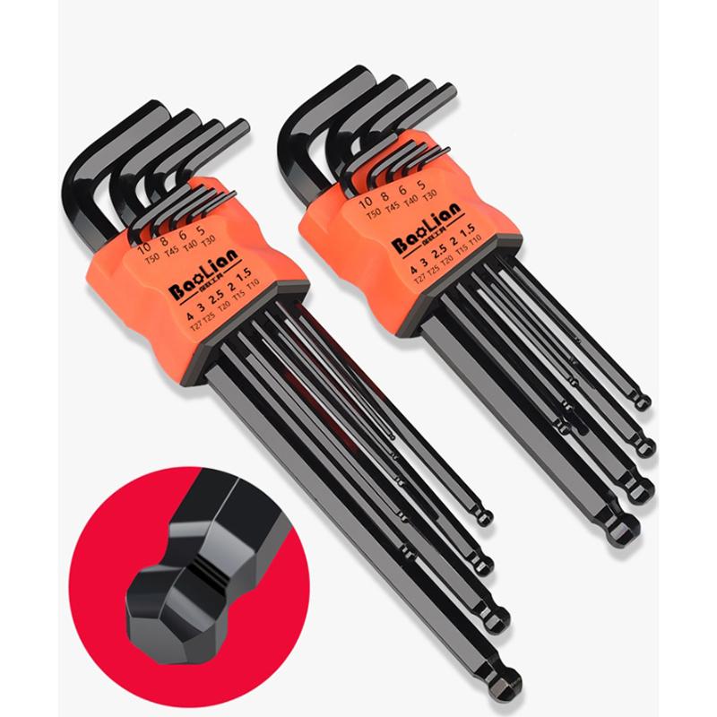 9Pcs Hex Wrench Set Allen Wrench Tool Square Wrench Torx Inner Hexagonal Long Ball End L Key 1.5 - 10mm With T-handle