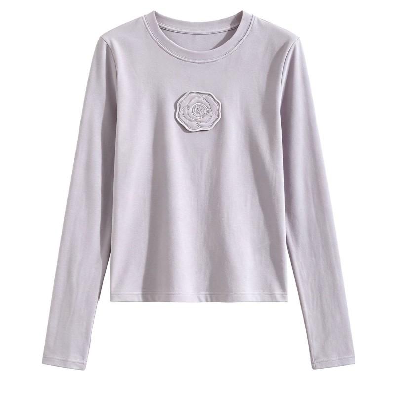 Womens Classic Round Neck Regular Fit Long Sleeve Tee With Floral Appliqu - Cotton 97% Spandex 3% Casual Korean Style
