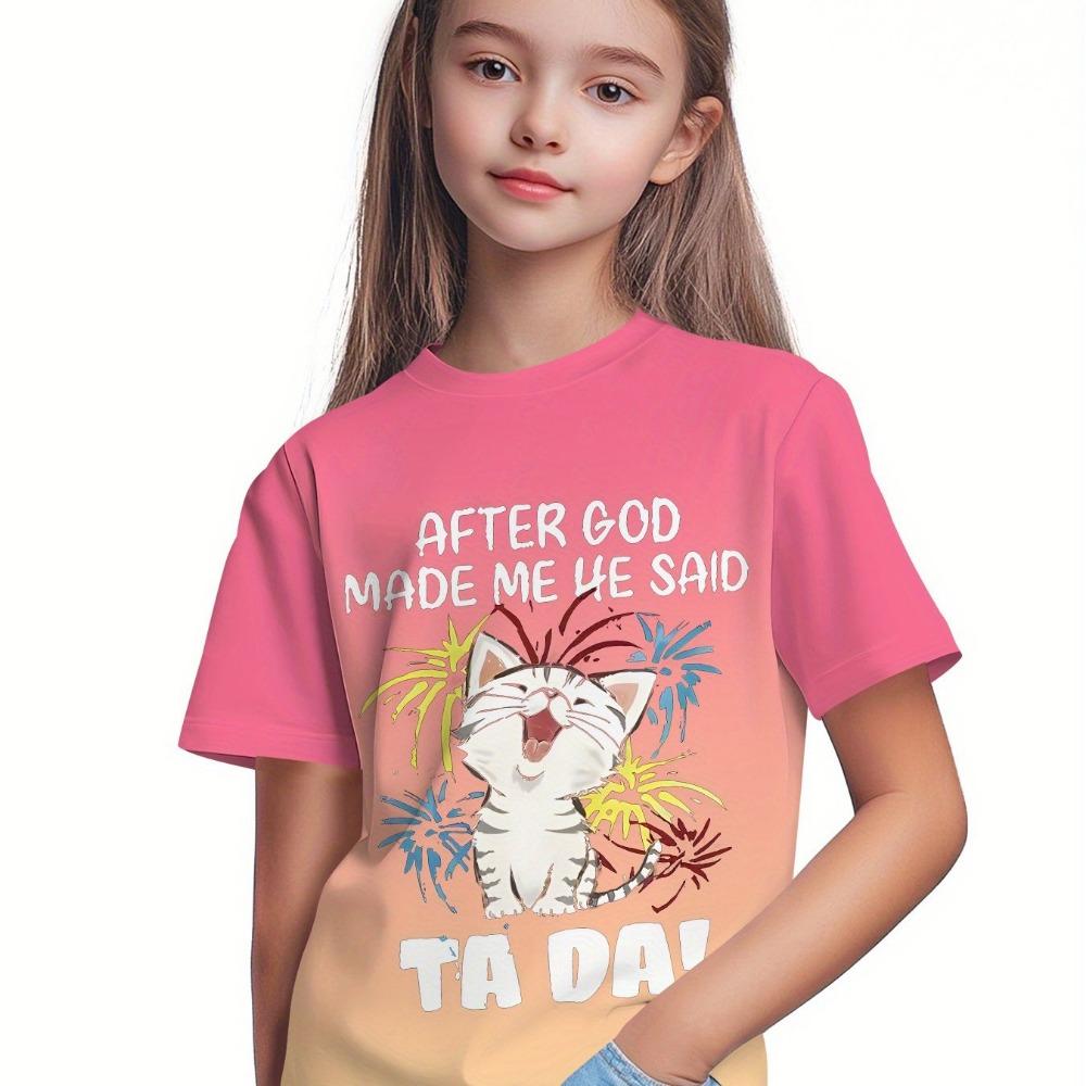 

Pink gradient 3D digital cat design girls fresh summer fashion, casual summer clothes 100