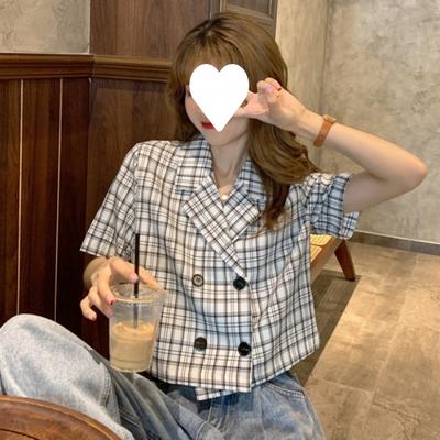 Plaid Suit Collar Short-sleeved Shirt Small Jacket Korean Style Temperament Short Slim Top Women's Trend