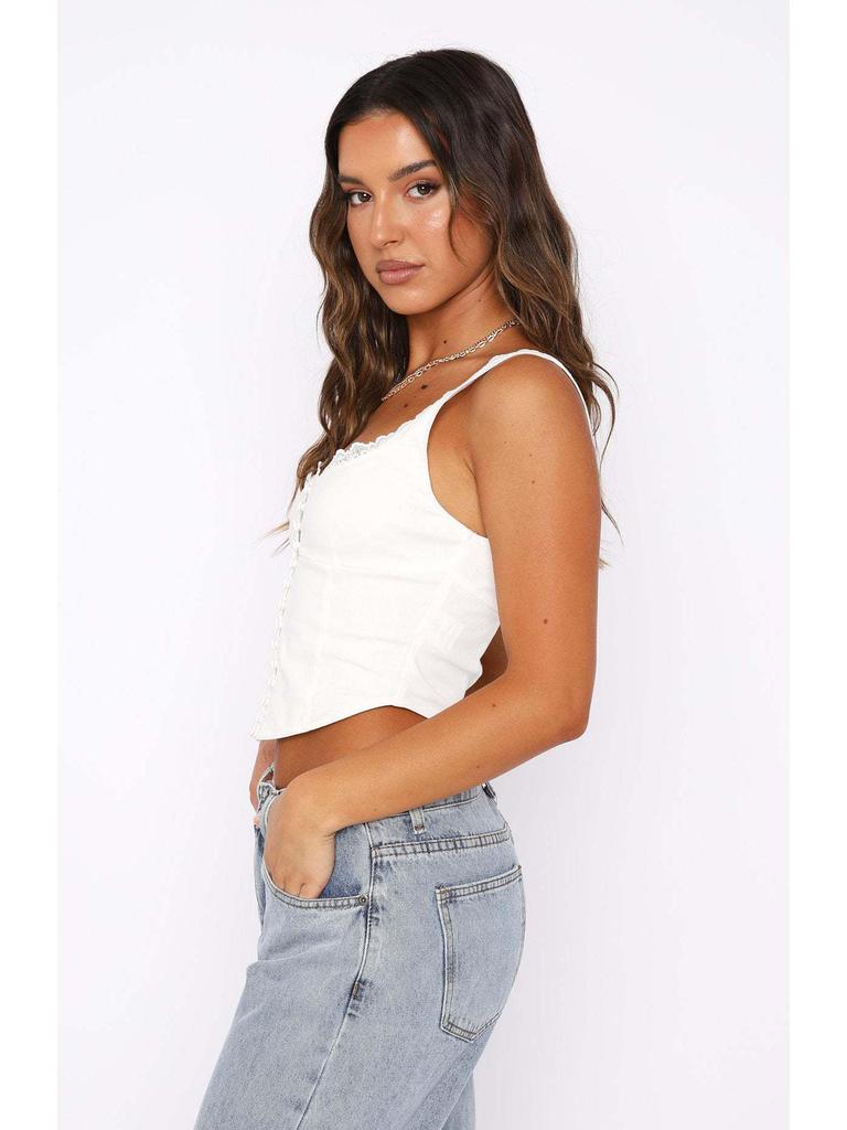 Women's Lace Square Collar Suspender Vest - Trendy European & American Design, Versatile Solid Color Casual Top.