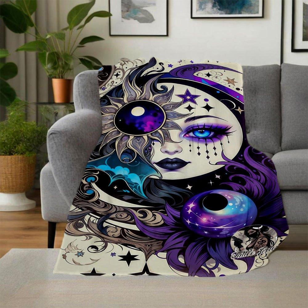"Galactic Moon Goddess Tattoo Design Art Print"Blanket Flannel Throw Blanket for Sofa, Bed, Travel, Camping, Office
