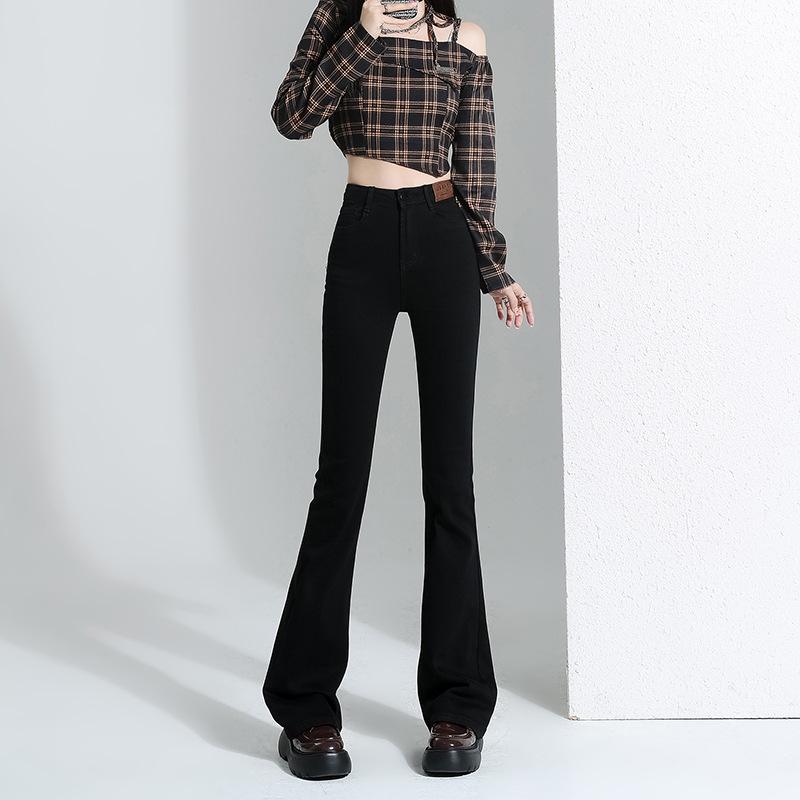 Women's High-Waisted Slim-Fit Fleece-Lined Micro-Flare Jeans for Autumn and Winter