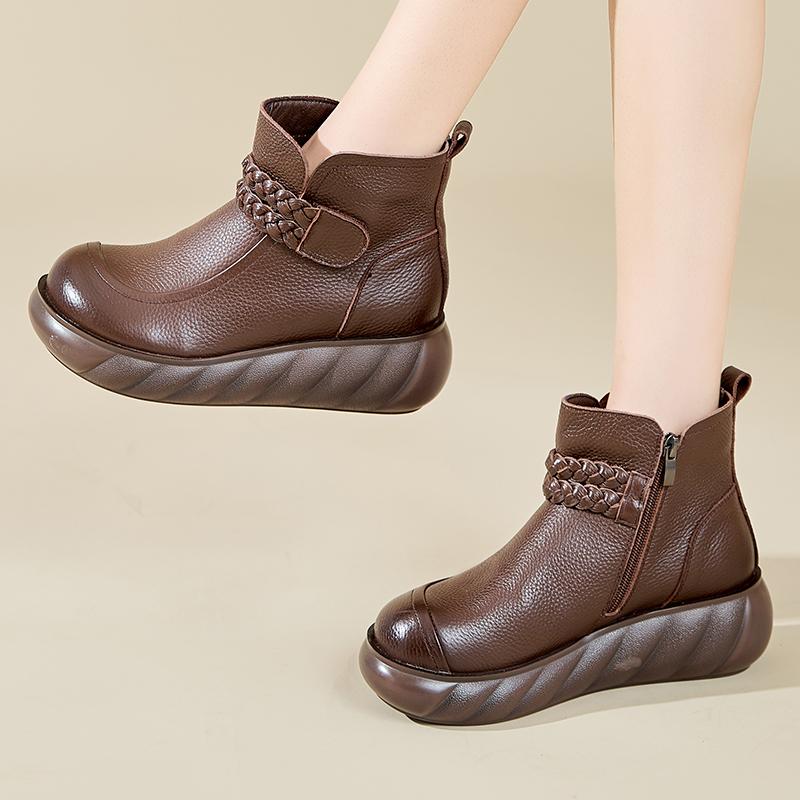 GKTINOO 6cm Woman Cow Genuine Leather Autumn Ankle Boots Spring Booties Ethnic Rero Moccasins Platform Wedge Chunky Heels Shoes