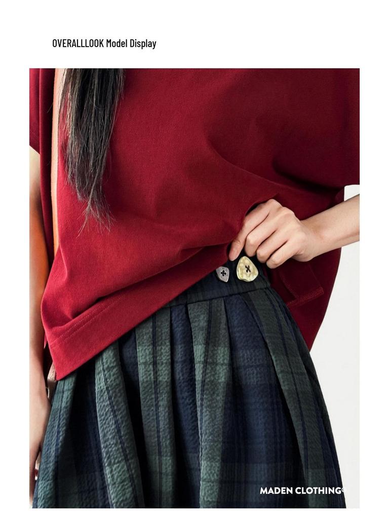 Maden Retro Cotton Gauze Plaid Maxi Skirt: Elastic Waist, Textured A-line Umbrella Design for Women