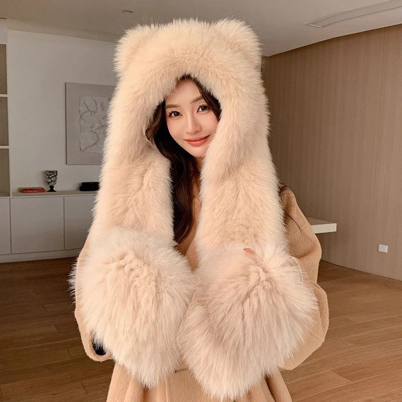 

Милая шапка-ушанка из искусственного лисьего меха, шарф и перчатки, набор из трех предметов, меховая зимняя теплая шапка-шарф для женщин one size