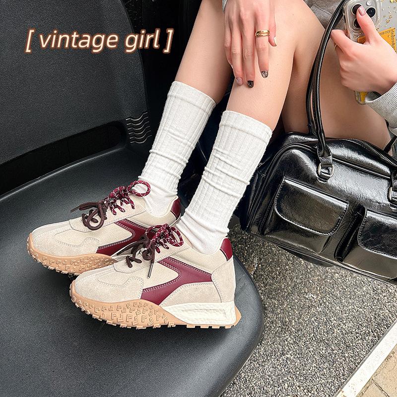 Cowhide version~ 8cm small man inner height increase retro color matching German training shoes women's versatile casual sports dad shoes
