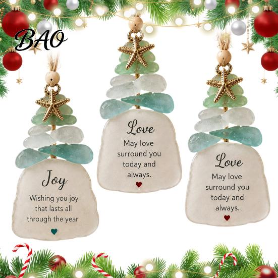 Handmade Christmas Ornament Sea Glass Tree Ornament, Seaglass Art Hanging Decor with Starfish Charm, Coastal Theme Decoration Peace Love Joy