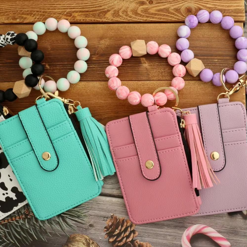 Faux Leather Card Holder Bracelet Keychain Bohemian Style Wristband Card Case Keyring  Everyday Use