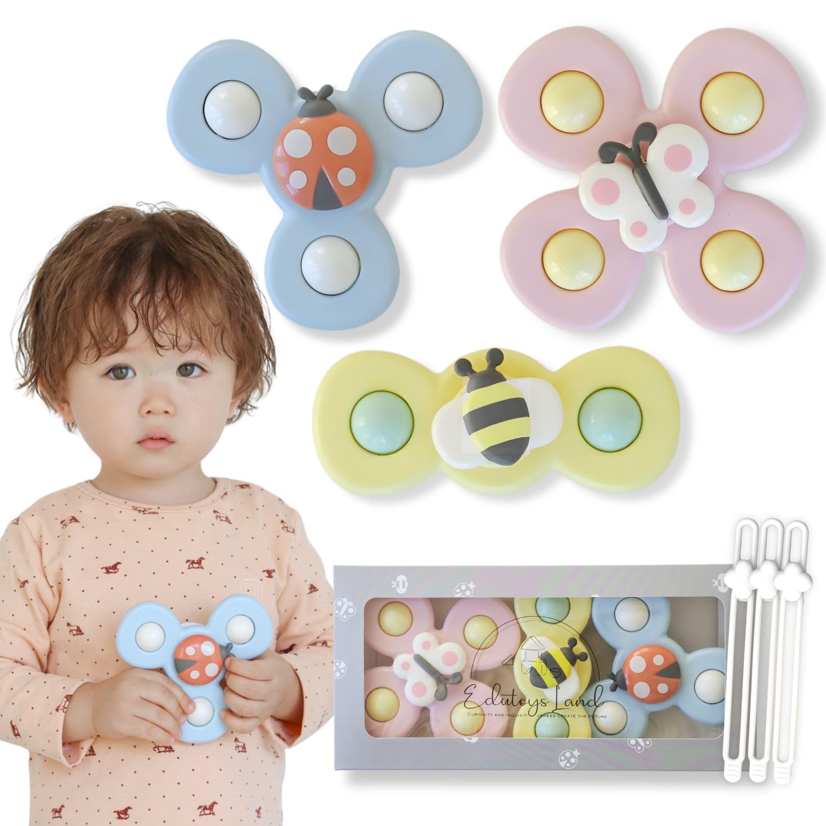 

EdutoysLand Hand Spinner 3-Piece Set Baby Educational Toy Bath Toy Suction Cup Food Sanitation Law Compliant White Spinner Gift Baby Shower Kids