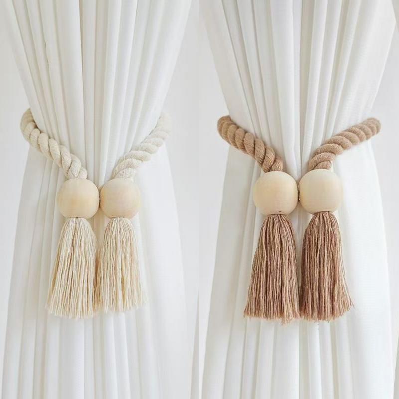 2Pcs Magnetic Wooden Tassel Window Curtain Curtain Holdbacks Bathroom Shower Curtain Accessories Home Decor Curtain Buckles