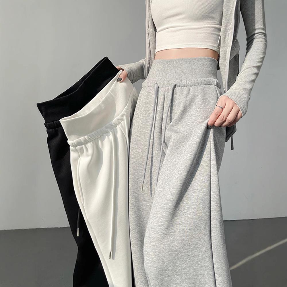 Damen Graue Sportliche High Waist Hängende Lockere Schlankmachende Gerade Bein Weites Bein Hose Amerikanische Jogginghose