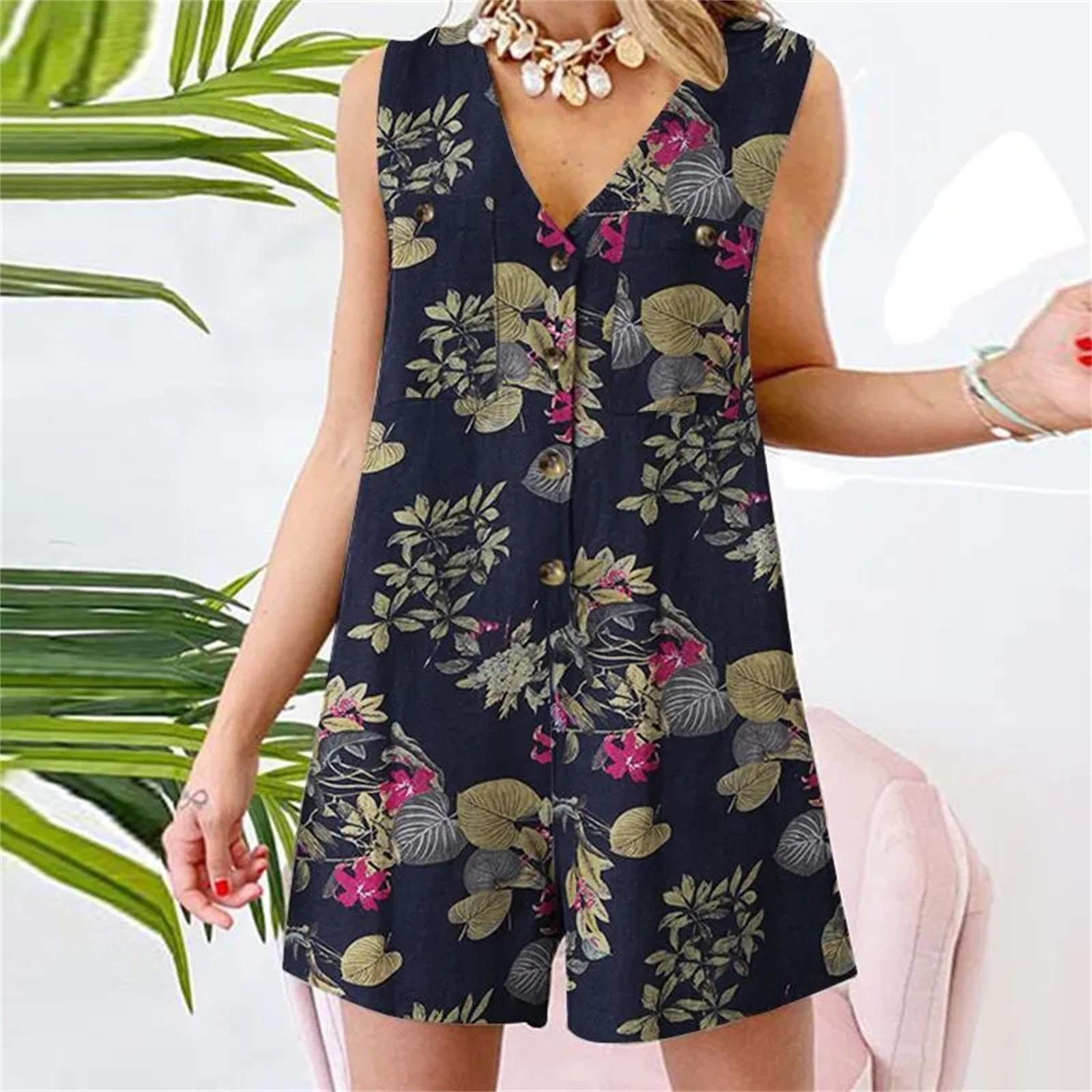 

Women s Summer Hawaiian Tank Top Jumpsuit Casual Loose Floral Beach Shorts Tight Fitting Suit XXXXL Темно-синій